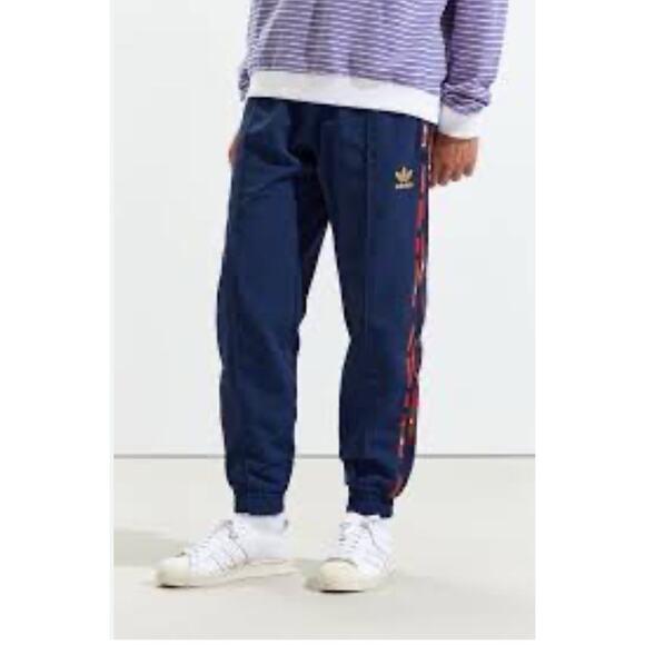 Adidas Track Pants Mens Blue Trefoil Three Stripes Joggers Lined Zip Pockets - Picture 2 of 15